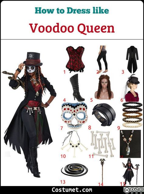 Voodoo queen costume is a red corset topped with a Victorian long coat, black leggings, high heel boots, a dreadlock wig, a top hat, a day of the dead half-face mask, leather and bead bracelets, a bone necklace and belt, and a dark fabric also as a belt.           #Female #female #misc #creepy #queen #witch #VoodooQueen #African Voodoo Queen Costume, Voodoo Priestess Costume, Witch Doctor Costume, Voodoo Party, Voodoo Costume, Voodoo Halloween, Voodoo Queen, Red Corset Top, Dreadlock Wig