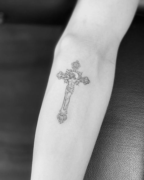 Small Crucifix Tattoo, Crucifix Tattoo For Women, Orthodox Christian Tattoo, Monstrance Tattoo, Eucharist Tattoo, Virgen Mary Tattoo For Women, Orthodox Tattoos, Trill Tattoos, Mary Tattoos Catholic