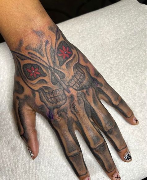 Butterfly Hand Tattoo For Women Black, Skeleton Hand Tattoos Black Women, Hand Tatts Skeleton, Skelton Hand Tattoo Girl, Butterfly Skeleton Hand Tattoo, Female Skull Hand Tattoo, Skelton And Hand Tattoo, Butterfly Skull Hand Tattoo, Butterfly Hand Tattoo Men