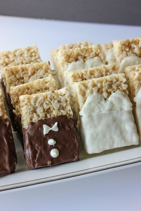 Quick and fun, these bride and groom Rice Krispie treats are perfect for engagement parties, bridal showers, or wedding favors. Rice Krispie Treat Wedding Cake, Engagement Rice Krispie Treats, Rice Krispie Treats Bridal, Diy Wedding Treats, Rice Crispy Wedding Treats, Chocolate Covered Rice Krispie Treats Wedding, Wedding Rice Krispie Treats Ideas, Rice Krispie Treats For Wedding, Homemade Wedding Desserts