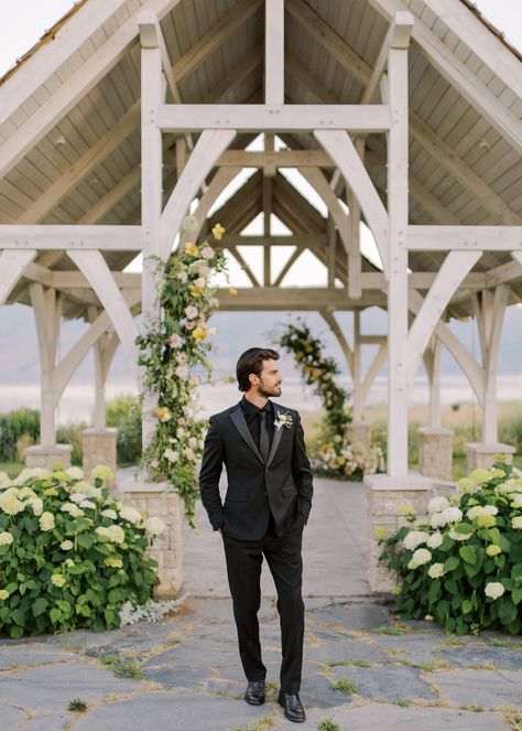 All Black Groom Suit With Bride, All Black Wedding Tuxedo Grooms, All Black Groom Tuxedo, Solid Black Suit Groom, Black Suit Black Shirt Black Tie, All Black Outfit Men Wedding, Husband And Groomsmen, Groom Looks Classy, Black Fitted Suits For Men