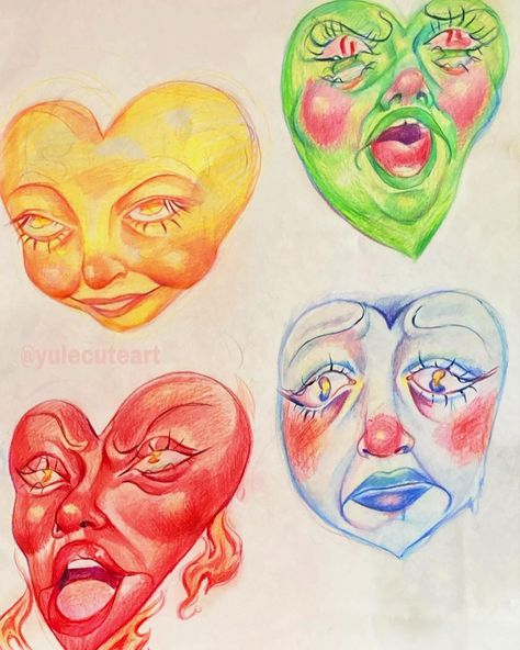 Crazy Drawings, Cybersigilism Tattoo, Color Symbolism, Indie Art, Heart Face, Sketchbook Ideas, Arte Inspo, Face Expressions, Ap Art