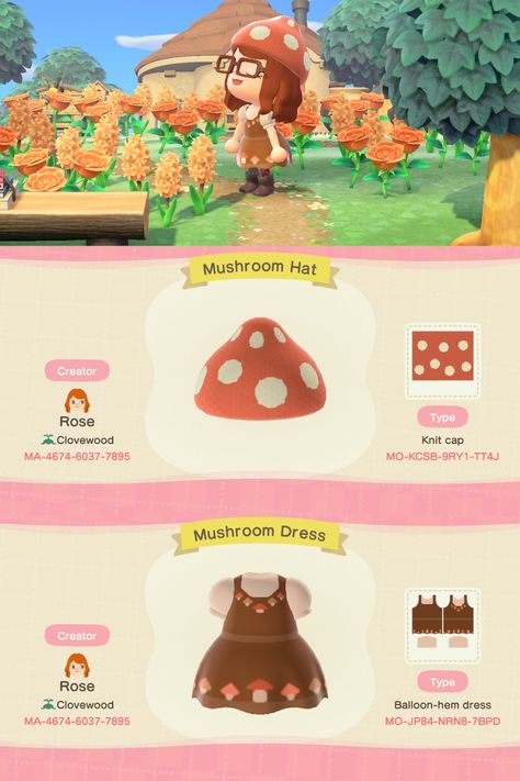 Mushroom Hat Animal Crossing, Animal Crossing Mushroom Design, Animal Crossing Mushroom, Cottage Core Animal Crossing, Mushroom Outfit, Mushroom Dress, Fairy Island, Mushroom Background, Hat And Dress