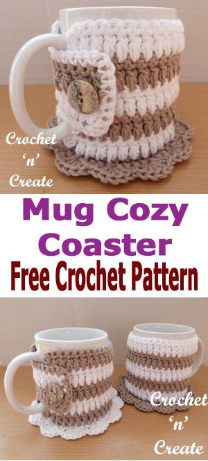 Crochet mug cozy coaster, keep your hot drinks warm and save your tables and desks from scratches, FREE crochet pattern. #crochetncreate #crochetmugcozy #crochetcoaster Coffee Mug Coozie Crochet, Coffee Mug Crochet Cozy Pattern, Crochet Mug, Crochet Mug Cozy, Crochet Coffee Cozy, Crochet Coffee, Crochet Coasters Free Pattern, Cup Cozies, Crochet Cup Cozy