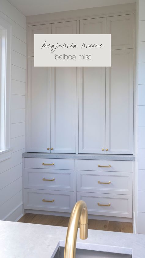 Balboa Mist Bathroom, Balboa Mist Benjamin Moore Kitchen, Benjamin Moore Collingwood Cabinets, Balboa Mist Color Palette, Balboa Mist Benjamin Moore Cabinets, Winds Breath Benjamin Moore Cabinets, Balboa Mist Benjamin Moore Kitchen Cabinets, Balboa Mist Exterior, Benjamin Moore Cabinet Colors