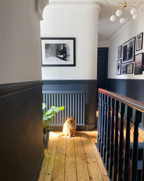 Railings Farrow And Ball, Farrow And Ball Hallway, Remodel Trailer, Landing Ideas, Victorian Hallway, Hallway Colours, Stairs Landing, Narrow Hallway Decorating, Hallway Inspiration