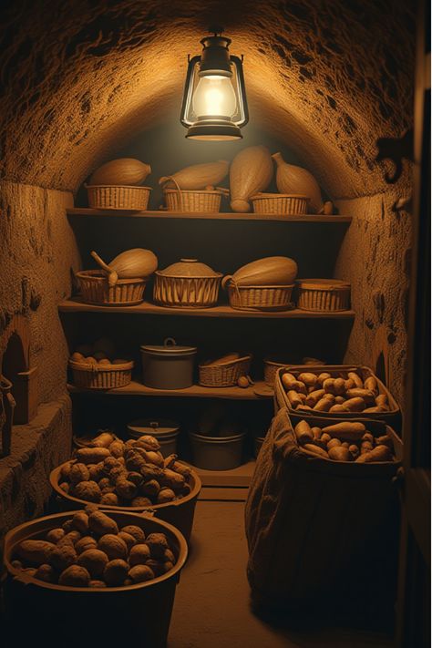 Rustic root cellar shelves filled with stored vegetables from containers Veggie Storage, Store Produce, Homegrown Vegetables, Gardening Vegetables, Container Vegetables, Root Cellar, Home Grown Vegetables, Outdoor Kitchen Patio, Garden Harvest