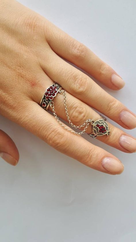 Chain Ring Pomegranate ring Full finger Ring Armenian Silver | Etsy Full Finger Ring, Pomegranate Earrings, Pomegranate Jewelry, Double Rings, Full Finger Rings, Nail Jewels, Finger Rings, Dream Ring, Silver Pendants