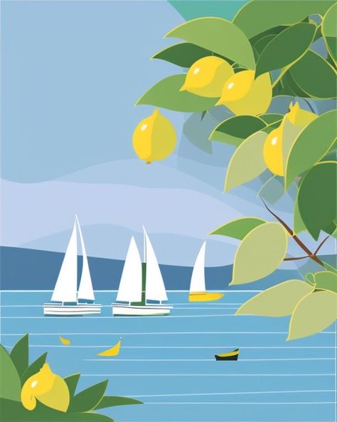 Amalfi Coast Nursery Theme, Capri Illustration Italy, Mediterranean Art Paintings, Amalfi Coast Art, Italian Summer Illustration, Lemon Tree Italy, Amalfi Illustration, Amalfi Coast Illustration, Italy Illustration Art