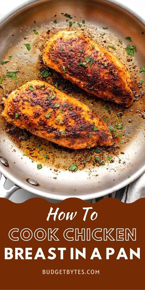 Learn how to cook tender, juicy, and flavorful boneless chicken breasts in a pan. Perfect for quick dinners and meal prep! BudgetBytes.com Pan Fried Boneless Chicken Breast, Pan Cooked Chicken Breast, Fried Boneless Chicken Breast, Roasted Chicken Breast Recipes, Pan Cooked Chicken, Herb Roasted Chicken Breast, Pan Chicken Breast, Budget Bites, Pan Fried Chicken Breast