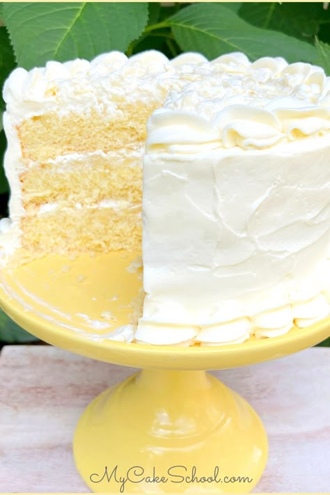 Sliced pineapple dream layer cake on a yellow pedestal. Pineapple Dream Cake, My Cake School, Pineapple Dream, White Velvet Cakes, Layer Cake Filling, Pineapple Cake Recipe, Whipped Cream Cheese Frosting, School Cake, Pineapple Cake