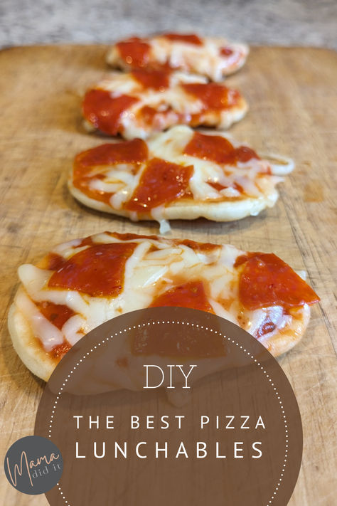 These beat the store-bought pizza Lunchables any day! Here’s the Best DIY Pizza Lunchable Recipe. (plus a quick how-to video guide) Lunchable Pizza Crust Recipe, Diy Pizza Lunchables Crust, Diy Pizza Lunchables Kids, Homemade Pizza Lunchables Kids, Pizza Lunchable Diy, Homemade Pizza Lunchable, Diy Pizza Lunchables, Pizza Lunchable, Lunchables Pizza