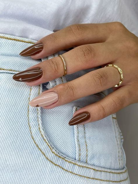 Simple Nail Decorations, Nails For Brown Hands, Brown Nail Designs Almond, Brown Nails With Design, Nude And Brown Nails, Brown And Nude Nails, Nails Design Nude, Corporate Nails, Nude Brown Nails