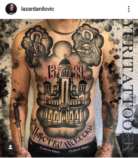 Russian Tattoos Men, Ortodox Serbian Tattoo, Kremlin Tattoo, Russian Tattoo Traditional, Serbian Tattoo, Bulgarian Tattoo, Prison Style Tattoos, Russia Tattoo, Russian Tattoos