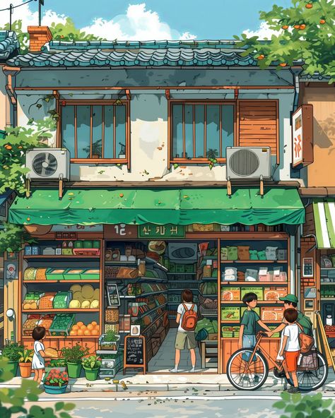 grabbing some fruits and veggies on the way home ☀️🍉🥭   ⠀⠀⠀⠀⠀⠀⠀⠀⠀⠀⠀ 🔗 https://linktr.ee/whimcity ✉️ DM for collabs ⠀⠀⠀⠀⠀⠀⠀⠀⠀ 🔗 #illustration 🔗 #chillvibes 🔗 #studioghibli 🔗 #aiartcommunity 🔗 #animelover 🔗 #ghibli 🔗 #animeart 🔗 #animestyle 🔗 #mangaart 🔗 #lofi 🔗 #japanlover Ghibli Landscapes, Anime Architecture, Toon Shader, Urban Community, Digital Graphics Art, Studio Ghibli Background, Drawings Tutorials, Cozy Places, Old Paper Background