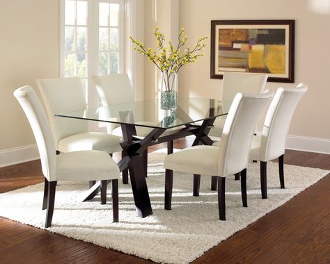 Berkley 7 Piece Dining Set | Wayfair.... Maybe glass table? Glass Dining Room Sets, Glass Kitchen Tables, Glass Dining Table Set, Glass Dining Room Table, Glass Top Dining Table, Dining Table Bases, Trestle Dining Tables, Kitchen Table Settings, Dining Table Design