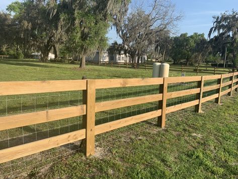 3 Rail Farm Fence with wire - Installed by Arden Fence Company, Brandon FL Country Style Fencing, Farm Fences And Gates Country Life, Farm Style Fence Ideas, Pasture Fence Ideas, Farm Fencing Ideas Country Life, Western Fence Ideas, Wood Farm Fence, 3 Rail Fence With Wire, Ranch Style Fence Ideas