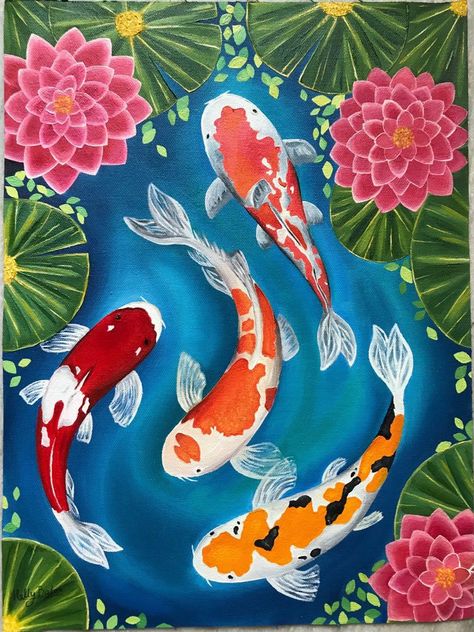 Simple Koi Fish Painting, Ikan Koi Art, Fish Canvas Painting, Rangoli Painting, Special Needs Art, Koi Fish Art, Easy Scenery Drawing, Koi Fish Painting, Diy Canvas Art Easy