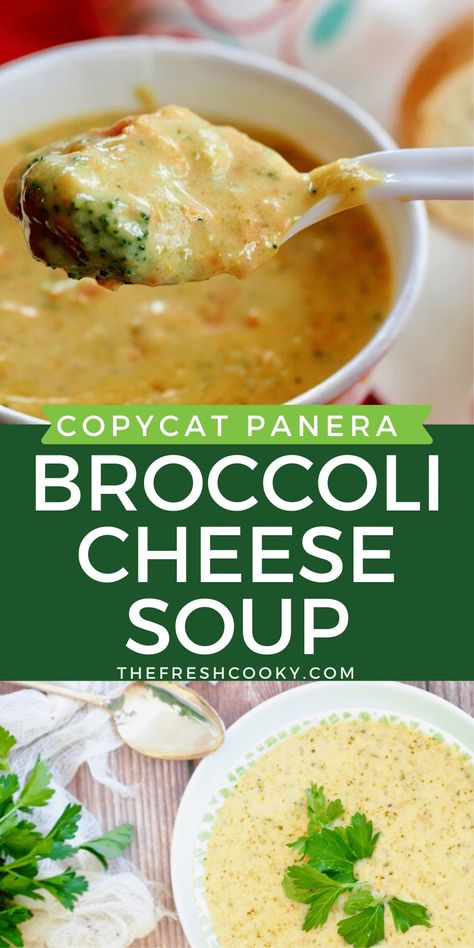 You will love this healthier version of Panera Bread Copycat Broccoli Cheese Soup. A delicious soup, filled with veggies and broth and real cheese. The soup is naturally low-carb and can easily be made gluten-free. As good as Panera's and a little more healthy! Grab the easy recipe for fall soup season from @thefreshcooky Broccoli Cheese Soup Panera, Panera Bread Copycat, Panera Broccoli Cheese Soup, Oatmeal Dinner, Freezer Soups, Broccoli Cheese Soup Recipe, Panera Copycat, Cream Based Soups, Cheese Soup Recipe