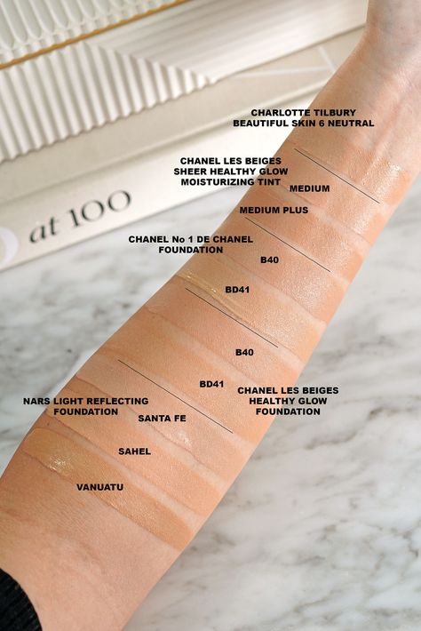 Foundation Swatch Comparisons Chanel, NARS, Charlotte Tilbury Skincare Launch, Chanel Skincare, Chanel Foundation, Natural Eyeshadow Palette, Chanel Sublimage, Foundation Swatches, Chanel Les Beiges, Beauty Water, Beauty Essence