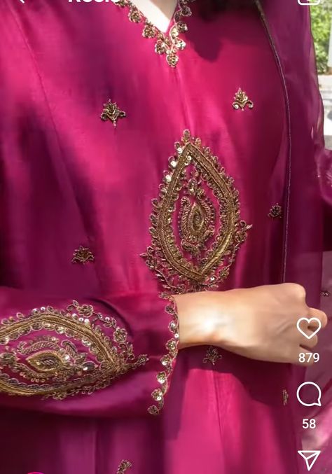 Kora Dabka Work Embroidery, Handwork Suits Design, Pink Embroidery Blouse, Designer Suits For Wedding, Salwar Suit Neck Designs, Casual Bridal Dress, Dabka Work, Embroidery Suits Punjabi, Hand Embroidery Dress