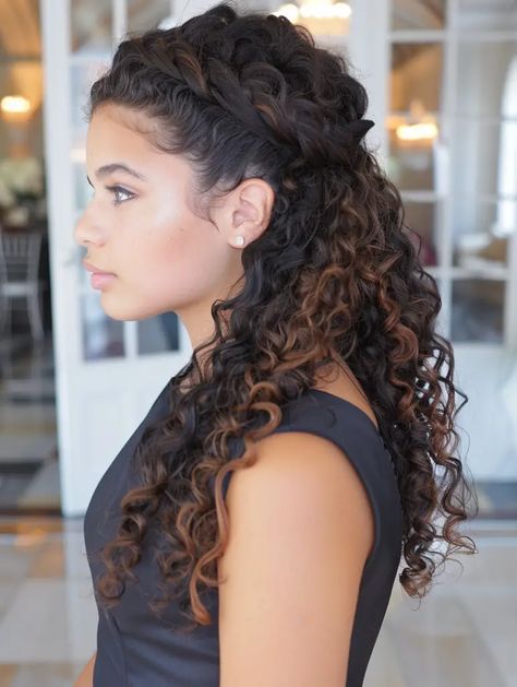 Half Updo Wedding Hairstyles, Half Up Natural Curly Hairstyles, Mixed Race Wedding Hair, Curly Hairstyles With Pearls, Black Curly Wedding Hairstyles, Natural Curly Hair Half Up Half Down, Curly Hairstyles For Brides, Prom Hairstyles Half Up Half Down Curly, Curly Half Up Half Down Wedding Hair