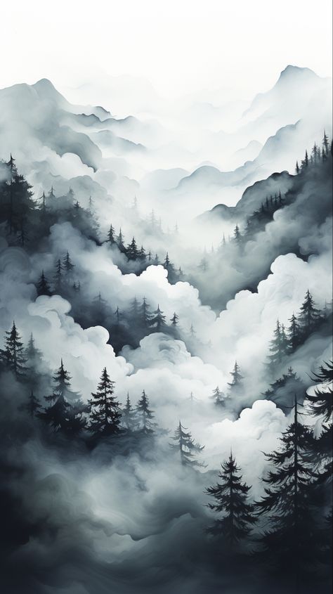 Artwork depicting fog in a valley Misty Forest Tattoo, Foggy Forest Tattoo, Mist Illustration, Fog Drawings, Foggy Trees Painting, Fog Illustration, Fog Watercolor, Fog Forest Painting, Forest Fog Painting