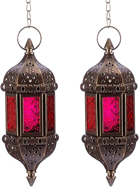 Amazon.com: 2 Pcs Hanging Hexagon Decorative Moroccan Candle Lantern Holders, Handmade Hanging Tea Light Holder in Bronze Metal & Red & Purple Glass Gift & Decor Items : Home & Kitchen Hanging Tea Light Holders, Candle Holders Metal, Hanging Tea Lights, Moroccan Candles, Hanging Candle Lanterns, Tea Light Candle Holders, Lantern Candle Decor, Handmade Hanging, Ramadan Crafts