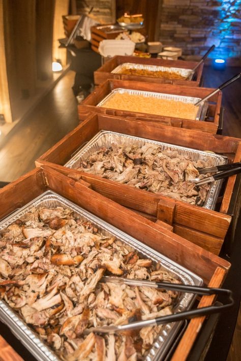 Barbecue Buffet Table Ideas, Outdoor Wedding Bbq Receptions, Wedding Food Bbq Buffet, Wedding Food Stations Buffet Bbq, Rustic Food Display Table, Food For Rustic Wedding, Fall Wedding Food Ideas Buffet Bbq, Fancy Bbq Wedding Reception, Wedding Decor Food Table