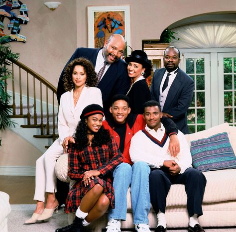 "The Fresh Prince of Bel Air" season 6 cast photo, 1995.  Top row (L to R): Karyn Parsons, James Avery, Daphne Maxwell-Reid, Joseph Marcell. Bottom row (L to R): Tatyana Ali, Will Smith, Alfonso Riberio.  Smith also served as executive producer for season six - the final year for the sitcom. Karyn Parsons, Black Sitcoms, Air Cast, Alfonso Ribeiro, Tatyana Ali, Black Tv Shows, Hulk Character, Fresh Prince Of Bel Air, Prince Of Bel Air