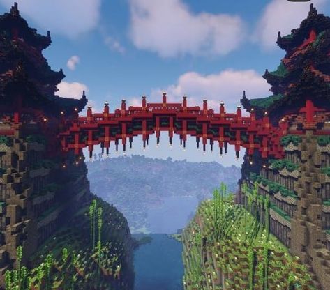 Japanese Minecraft Stairs, Japanese Minecraft Fountain, Japanese Style Bridge Minecraft, Tori Gate Minecraft, Japanese Bridge Minecraft, Chinese Minecraft Builds, Minecraft Chinese Builds, Minecraft Building Ideas Japanese, Japanese Temple Minecraft