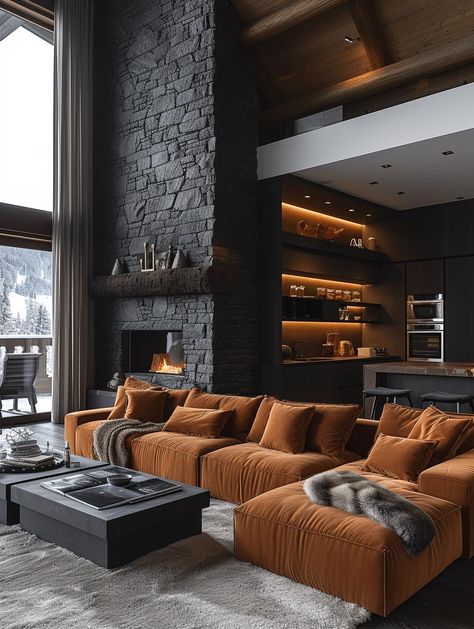 Black Brown Room, Living Room Designs Dark, Black Brown Living Room, Dark Modern Living Room, Black Home Interior, Dark Brown Living Room, Modern Den, Industrial Style Living Room, Atrium Design