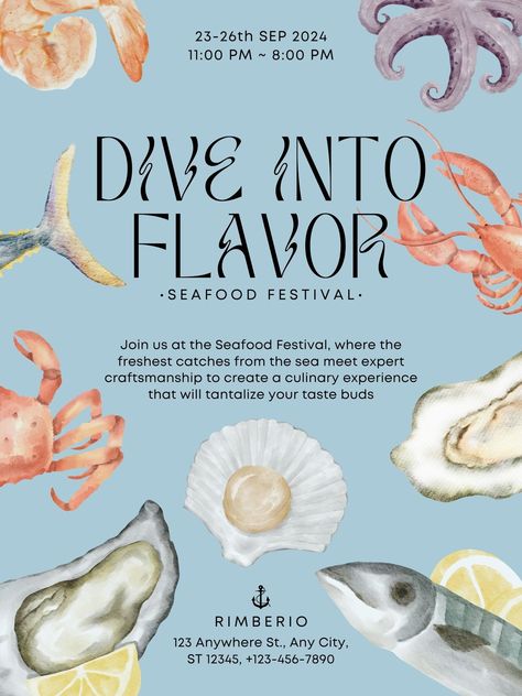 Pastel Blue Watercolor Seafood Festival Poster - Templates by Canva Seafood Festival Poster, Beach Festival Poster, Beach Menu Design, Canva Templates Ideas Poster, Seafood Poster Design, Water Festival Poster, Creative Food Poster Design, Pastel Blue Poster, Brochure Restaurant