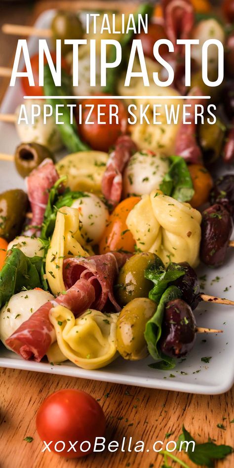 Antipasta Appetizers Appetizer Recipes, Appetizer Screwers, Antipasto On A Stick, Grocery Store Appetizers, Bow Tie Antipasto Bites, Italian Themed Dinner Party Food, Antipasta Skewer Appetizer, Pasta Appetizers Appetizer Ideas, Grad Party Appetizers