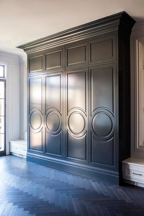 Black Mudroom, Black Herringbone Floor, Contemporary Mudroom, Unique Cabinet Door, Chicago Interior Design, Mudroom Lockers, Cabinet Door Styles, Unique Cabinets, Mudroom Design