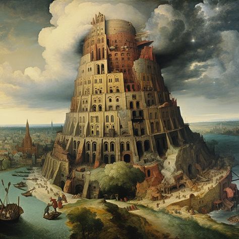 Tower Of Babel Tattoo, Tower Of Babel Art, Tower Of Bable, Babel Tower, Ancient Persian Art, Decay Art, The Tower Of Babel, Biblical Artwork, Architecture Mapping