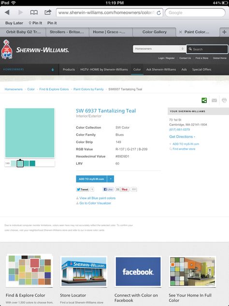 Sherwin Williams Tantalizing Teal...EXACTLY what we are doing!! Sherwin Williams Icy, Tantalizing Teal, Orbit Baby, Sherwin Williams, Interior And Exterior, Paint Colors, Decorating Ideas, Exterior, Blue