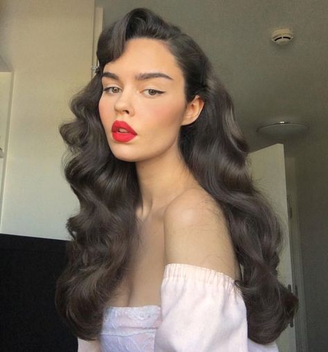 Pin curled natural long hair! #longhair #longhairstyles #retro #retrofashion #offtheshoulder #redlips #1950s #hairstyles Vintage Bangs, 1950s Hairstyles, 50s Hairstyles, Vintage Wedding Hair, Pin Curls, Long Dark Hair, George Jones, Retro Hairstyles, Unique Hairstyles