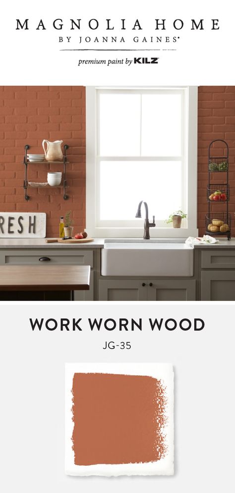 The burnt orange hue of Work Worn Wood from the Magnolia Home by Joanna Gaines® Paint collection is a beautiful addition to this farmhouse kitchen! This country-chic space uses gray painted cabinets, a farmhouse sink, and rustic wood elements to create a timeless style. Click below to learn more. Terra Cotta Paint Kitchen Walls, Work Worn Wood Magnolia Paint, Bathroom Burnt Orange, Behr Burnt Orange Paint, Best Burnt Orange Paint Color, Burnt Orange Exterior House Colors, Rust Colored Cabinets, Terra Cotta Cabinets Kitchen, Burnt Orange Painted Furniture