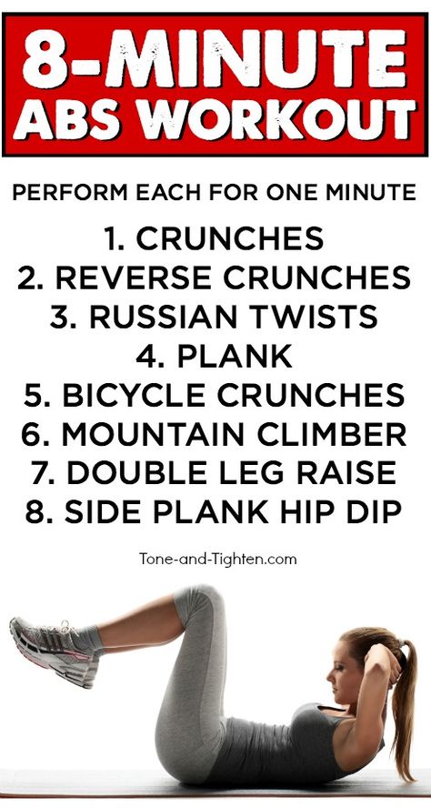 8-Minute abs workout routine you can do at home! Get crazy results fast with these great exercises (video descriptions on linked page)! From Tone-and-Tighten.com Abs Workout Routine, 8 Minute Ab Workout, Plank Hip Dips, Ab Motivation, Crunches Workout, Killer Abs, At Home Abs, Workout For Women, Workout For Flat Stomach