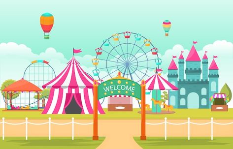 Amusement park circus carnival festival ... | Premium Vector #Freepik #vector #amusement-park #roller-coaster #amusement #fun-park Amusement Park Illustration, Fair Illustration, Cirque Vintage, Cartoon Sky, Fair Photography, Background Summer, Summer Cartoon, Carnival Festival, Parc D'attraction