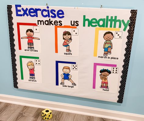 Classroom Gym Games, Recess Bulletin Board, Roll The Dice Workout, Interactive Game Bulletin Board, Roll The Dice Movement Game, Jamie White, Movement Preschool, Nutrition Activities, Indoor Recess