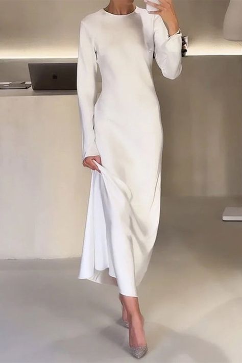 Classy Modest Dresses, Maxi White Dress, Simple Maxi Dress, Casual Autumn Outfits Women, Satin Dress Long, Line Dresses, Maxi Dresses Fall, Flare Sleeve Dress, A Line Dresses