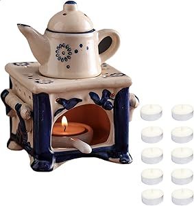 WAYUTO Ceramic Essential Oil Burner Diffuser with Spoon 10 Candles Teapot Tealight Holder Aromatherapy Oil Warmer Wax Melt Burner for Valentine Bedroom Balcony Yoga Meditation Spa Decor 6 Inch Blue Balcony Yoga, Valentine Bedroom, 10 Candles, Valentines Bedroom, Amazon Cart, Essential Oil Burner, Wax Melt Burner, Oil Warmer, Home Fragrance Accessories