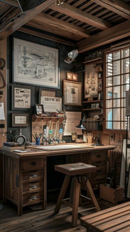 Vintage Study Table, Vintage Study Desk, Art Desk Aesthetic, Vintage Office Design, Vintage Office Space, Whiskey Room, Rustic Home Offices, Design Studio Workspace, Productive Work