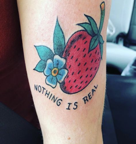 The Beatles have always been my favorite band so I finally got this little o de to them. “Strawberry fields forever.” #beatles #beatlestattoo #strawberryfieldsforever #tattoo #traditionaltattoo #nothingisreal Strawberry Fields Tattoo, Beatles Inspired Tattoos, Beatles Tattoo, Strawberry Tattoo, Forever Tattoo, Lyric Tattoos, Strawberry Fields Forever, Doodle Tattoo, Tattoo Traditional