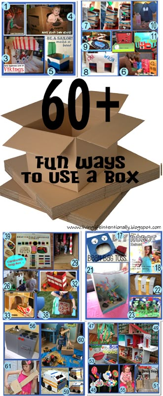 What do you like to make with your spare boxes? Here are 60 fun ways to be with your child through teach, play, crafts, hands on learning What Do You Do With An Idea Activities, Diy Kardus, Cardboard Challenge, Play Preschool, 123 Homeschool 4 Me, Cardboard Box Crafts, Activities Preschool, Kid Activities, Cardboard Crafts