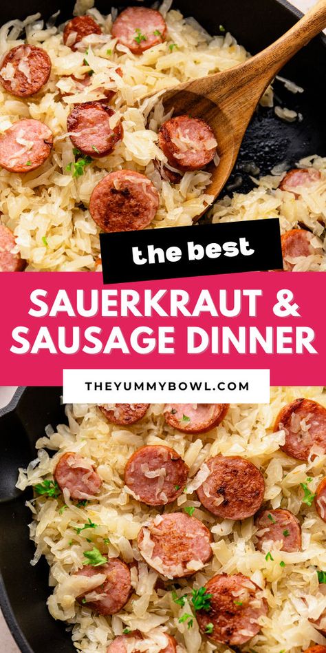 Sauerkraut & Kielbasa Skillet Keilbasa And Sauerkraut, Saurkraut And Sausage, Smoked Sausage And Sauerkraut Recipe, Sauerkraut Dinner, One Pot Kielbasa, Kielbasa Sausage Recipes, Kielbasa And Sauerkraut, Sausage And Sauerkraut, Polish Sausage Recipes