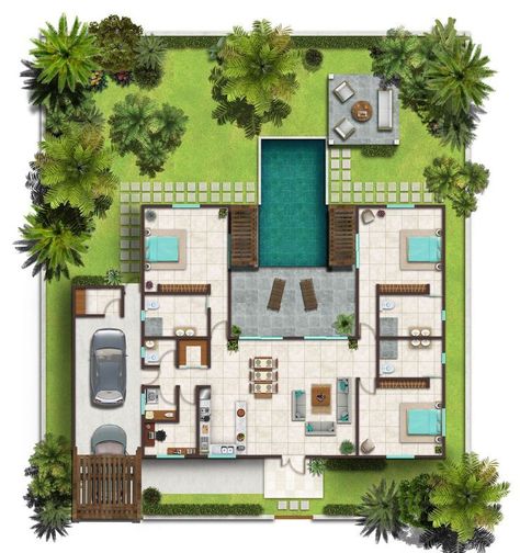 Pool House Plans, Bali House, House Floor Design, Architectural Floor Plans, Architectural Design House Plans, Home Design Floor Plans, Sims House Plans, House Construction Plan, Model House Plan