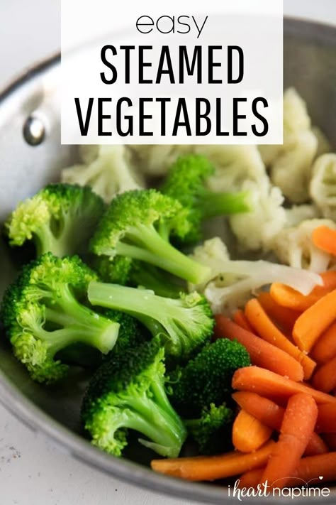 Get tender, crispy steamed vegetables on your plate quickly and easily with one of these 3 foolproof methods. Toss with a little butter, garlic, and lemon pepper for a flavorful side dish in minutes! #steamedvegetables #vegetables #veggies #steamed #steamer #healthy #healthyrecipes #sides #sidedish #healthysides #recipes #iheartnaptime Steamed Veggies Recipe, Sheet Pan Veggies, Pan Veggies, Steam Vegetables Recipes, Vegetable Lunch, Steam Vegetables, I Heart Naptime, Roasted Vegetable Recipes, Healthy Vegetable Recipes